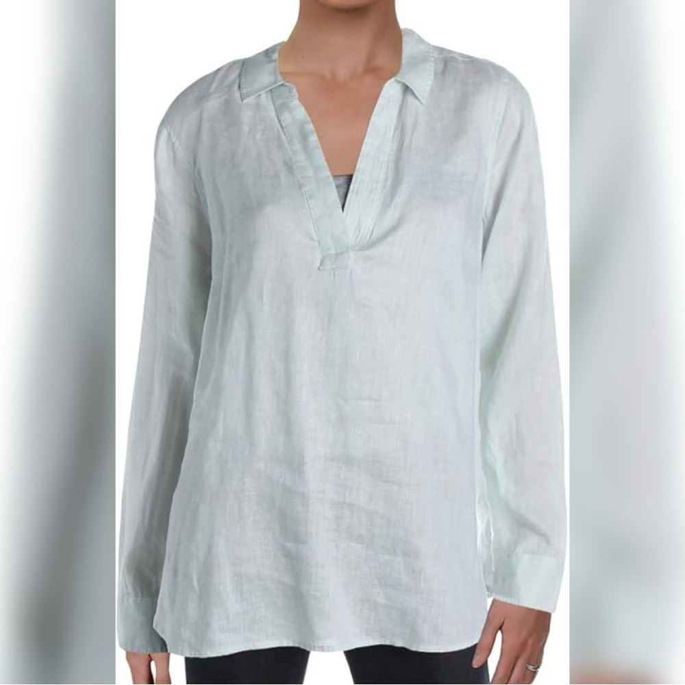 NYDJ Womens 100% Linen Popover Tunic Blouse Light Green XS Long Sleeve